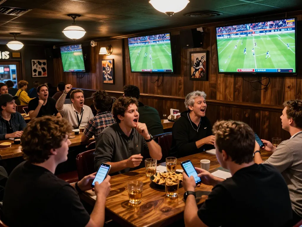 Cheering fans watching truc tiep bong da at a lively sports bar with dynamic screens showing the game