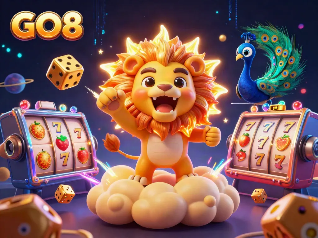 Experience the thrill of GO8 with vibrant casino elements and a roaring lion amidst a dynamic scene.