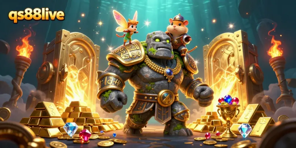 Experience the magic of qs88live with a brave hamster knight and a magical golem in a vibrant casino scene.