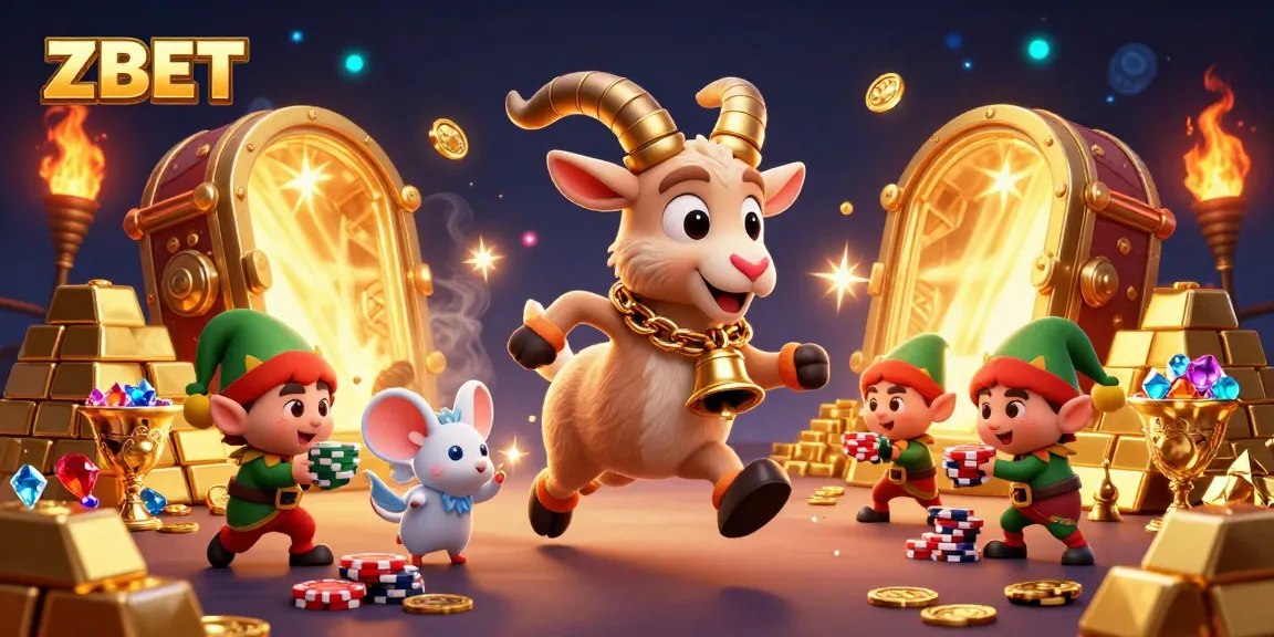 ZBET brings excitement with a festive Krampus goat and playful characters in a vibrant casino scene.