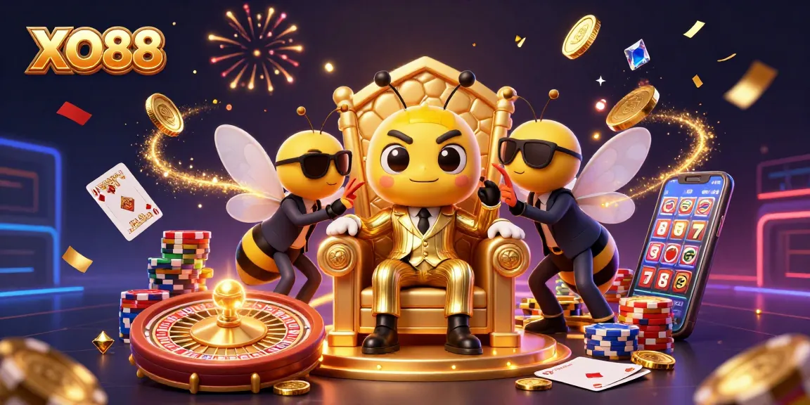 Engage in thrilling casino games with XO88's vibrant 3D illustration showcasing action-packed elements.