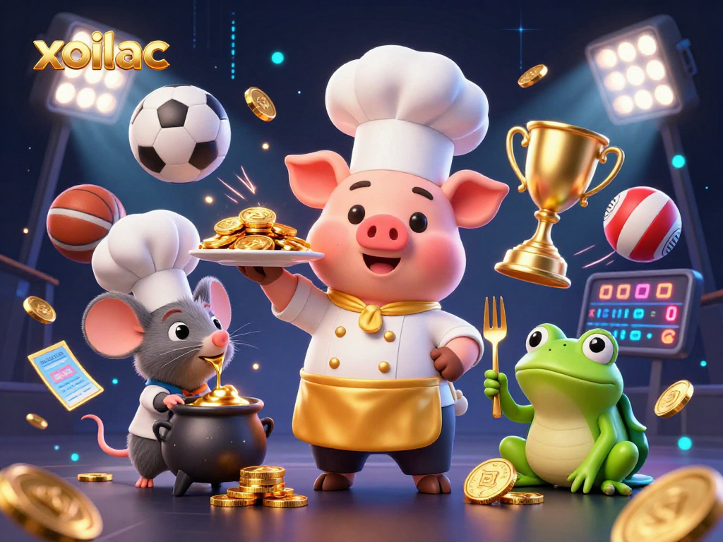 xoilac's engaging scene captures a chef pig serving gold coins with dynamic sports elements flying around.