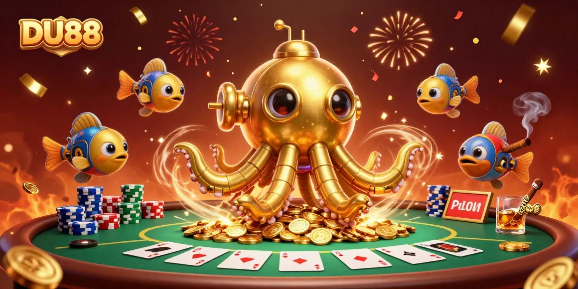 Engaging DU88 casino scene with a golden kraken submarine and poker elements in vibrant detail.