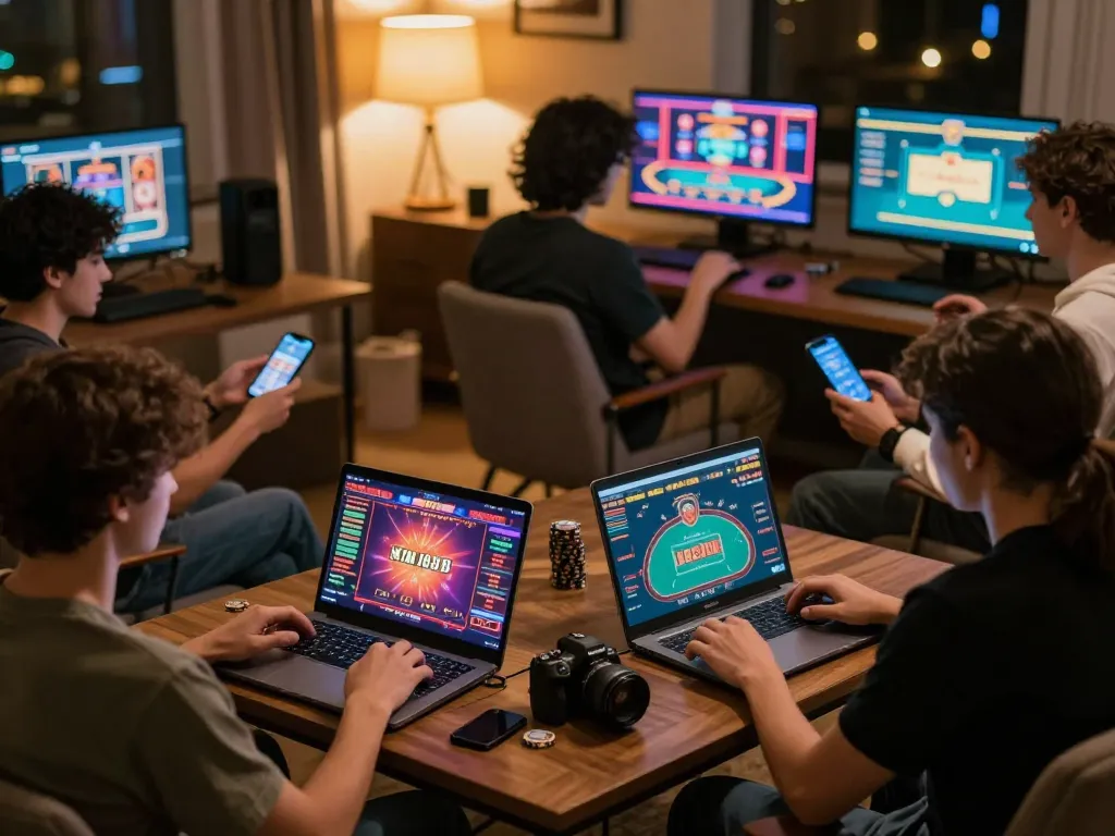 Players enjoying VA88 online casino games in a cozy home setting, showcasing excitement and strategy.