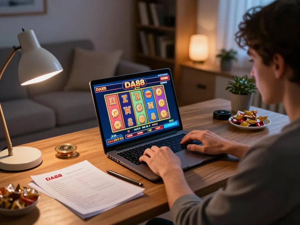 Engaged player enjoying DA88 online casino games on a laptop in a cozy home setting.