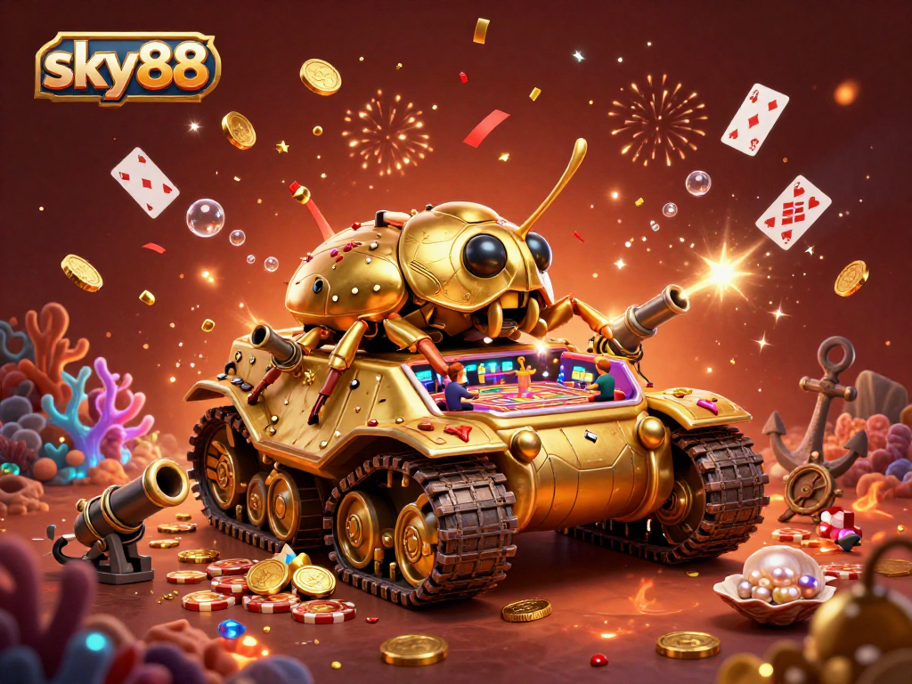 Experience the vibrant atmosphere of sky88 with a golden beetle tank casino set amidst treasure and fun.