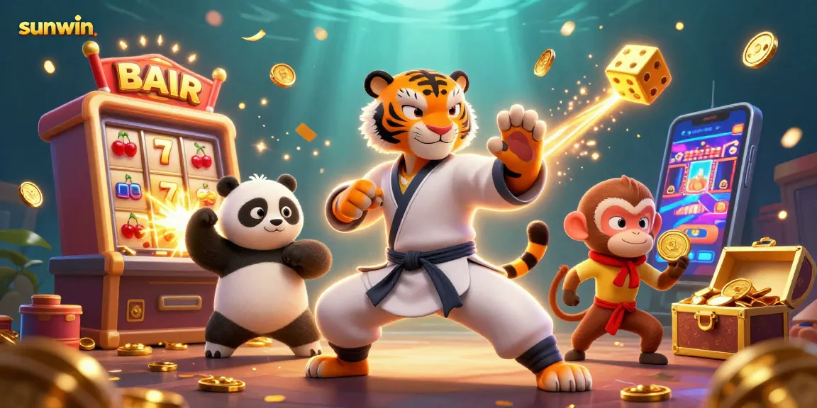 Experience the adrenaline of sunwin gaming with 3D characters amidst vibrant casino elements.