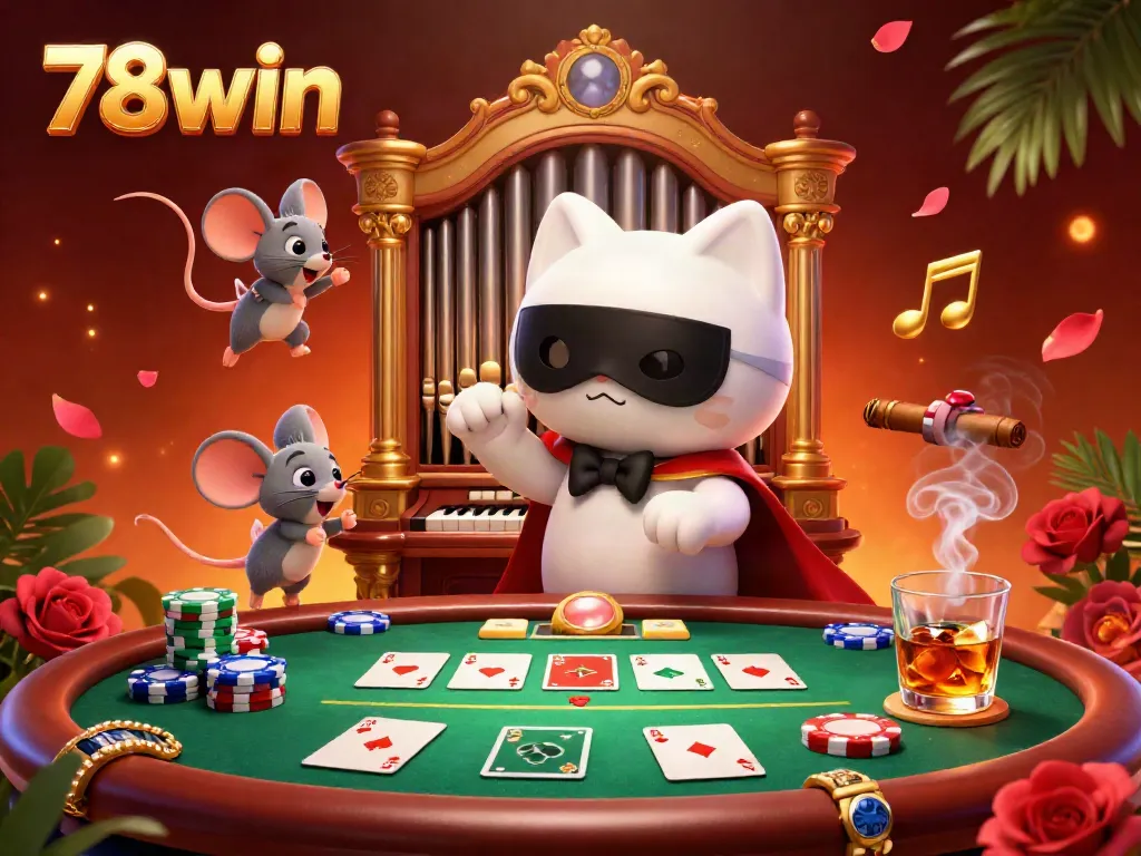 Experience the vibrant thrill of 78win with a 3D illustration showcasing a phantom cat at an ornate casino.