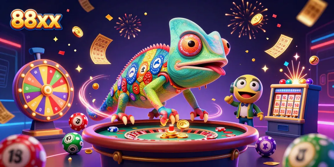 Engage in thrilling gameplay at 88xx, featuring colorful casino elements like lottery balls and gold coins.