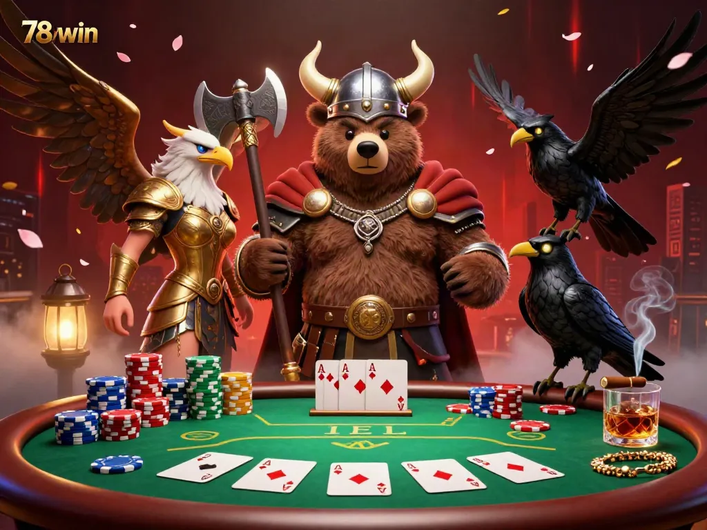 Engage in 78win's thrilling poker action with Viking warriors amidst vibrant casino elements.
