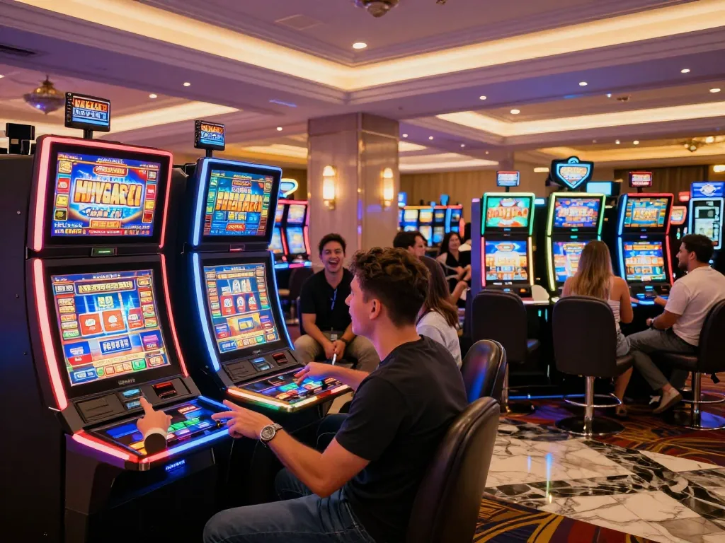 hd88 players engaged in lively slot machine action, showcasing excitement in vibrant casino atmosphere