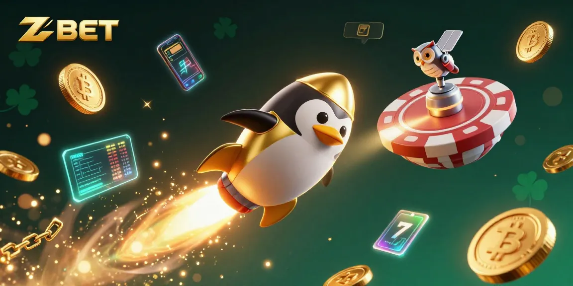 Play games with ZBET, represented by a vibrant space scene featuring a golden penguin and casino elements.