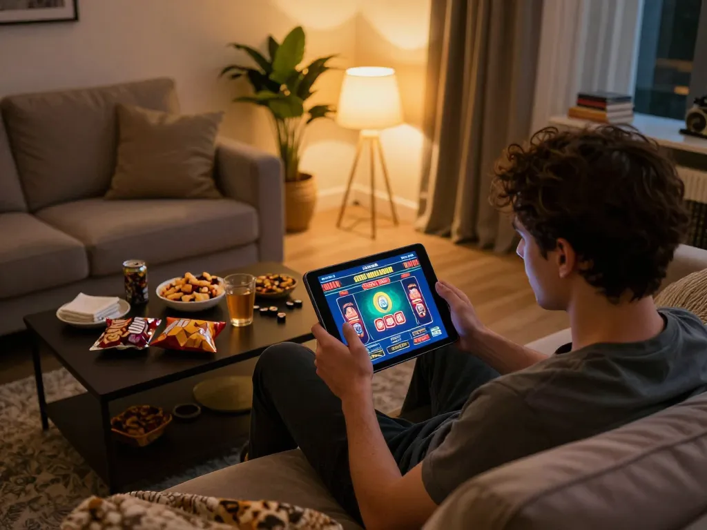 Player enjoying free online pokies on a tablet in a cozy home setting
