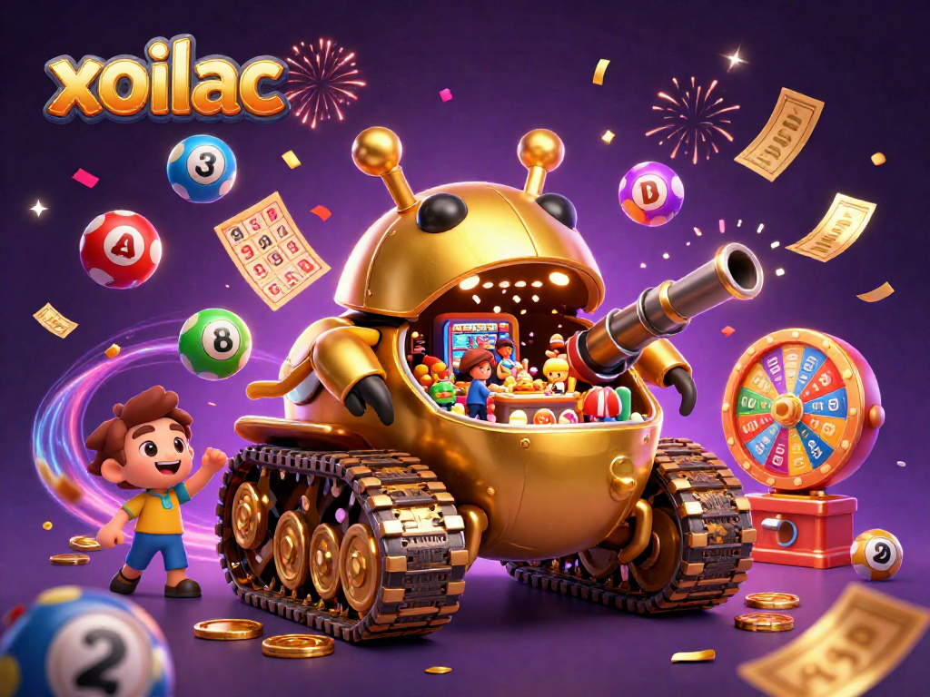 Experience xoilac's vibrant casino scene with lottery balls and golden bingo cards.