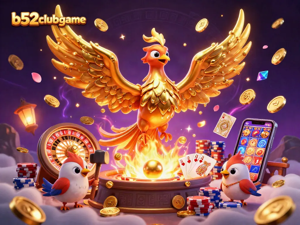 Engage with b52clubgame’s exciting casino atmosphere featuring golden phoenix, coins, and dynamic game elements.