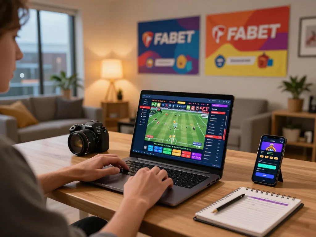 Person engaging in sports betting on FABET, laptop displaying live odds and vibrant promotions