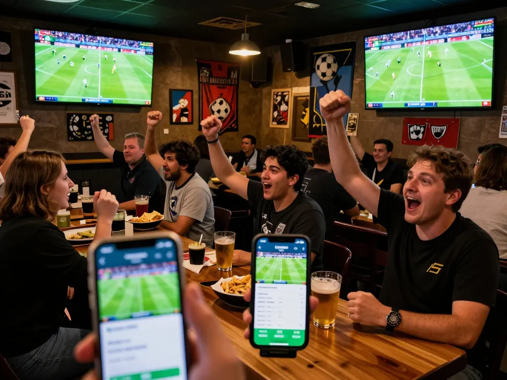 Fans engaged in truc tiep bong da while cheering at a sports bar, showcasing vibrant atmosphere and live betting excitement