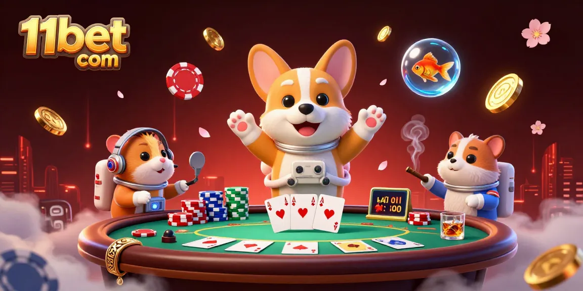 Win big at 11bet com with this fun casino scene featuring a corgi and poker elements.