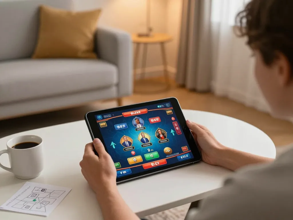 Engaged player enjoying b52 gaming on a tablet in a cozy, stylish home setting