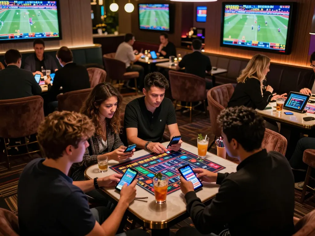 yo88i players engaged in strategic sports betting excitement in a lively casino lounge