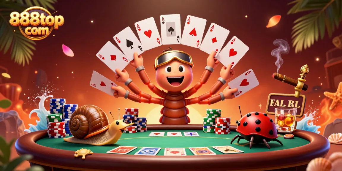 Experience thrilling play at 888top com with a vibrant casino scene featuring cartoon dealers, poker cards, and chip towers.