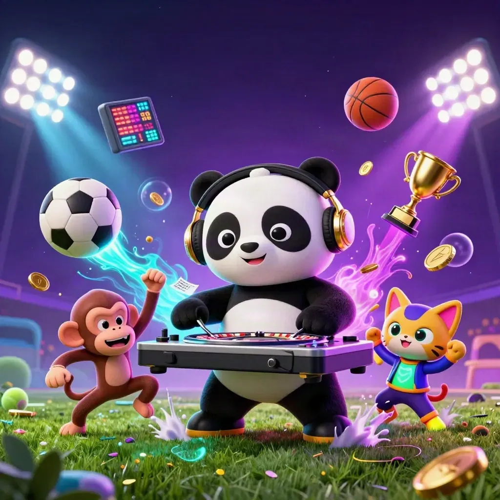 Panda-DJ, dansande apa och katt med glowsticks bland flygande bollar och gyllene ljus.