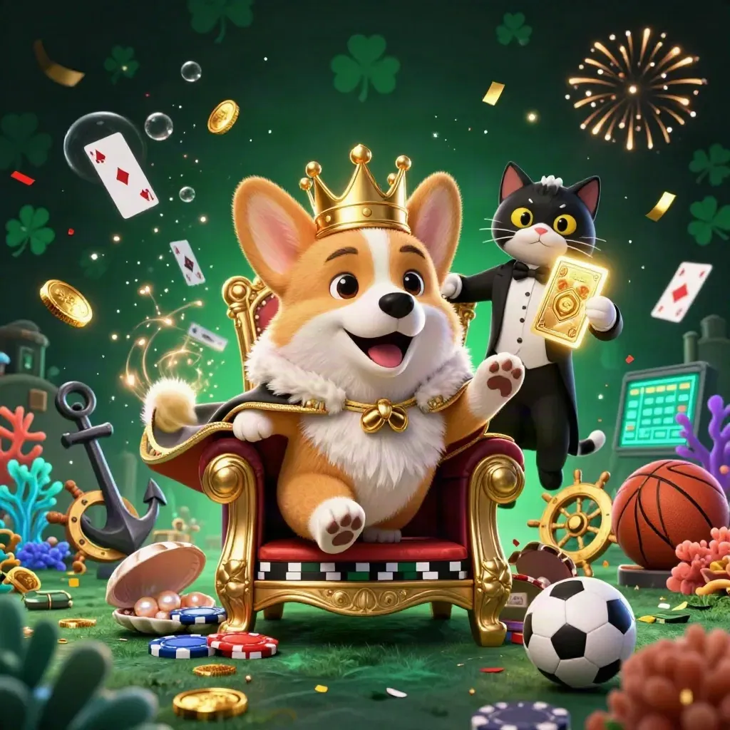 Kunglig corgi och kattbutler i casinoguld, omgivna av sportbollar och skatter.
