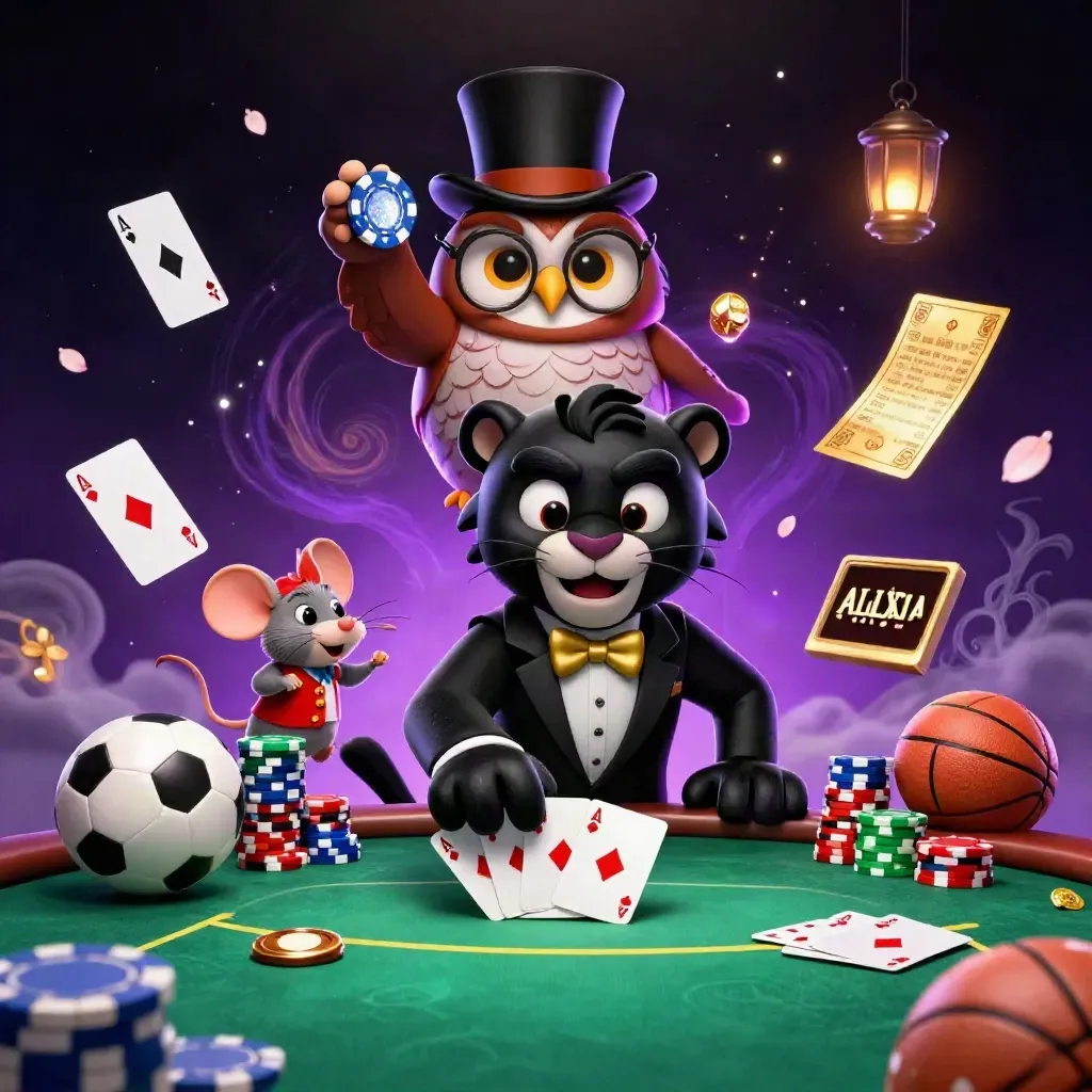 Panter, uggla och mus vid pokerbord med chips, kort, fotboll och basketboll i magiskt neonljus.
