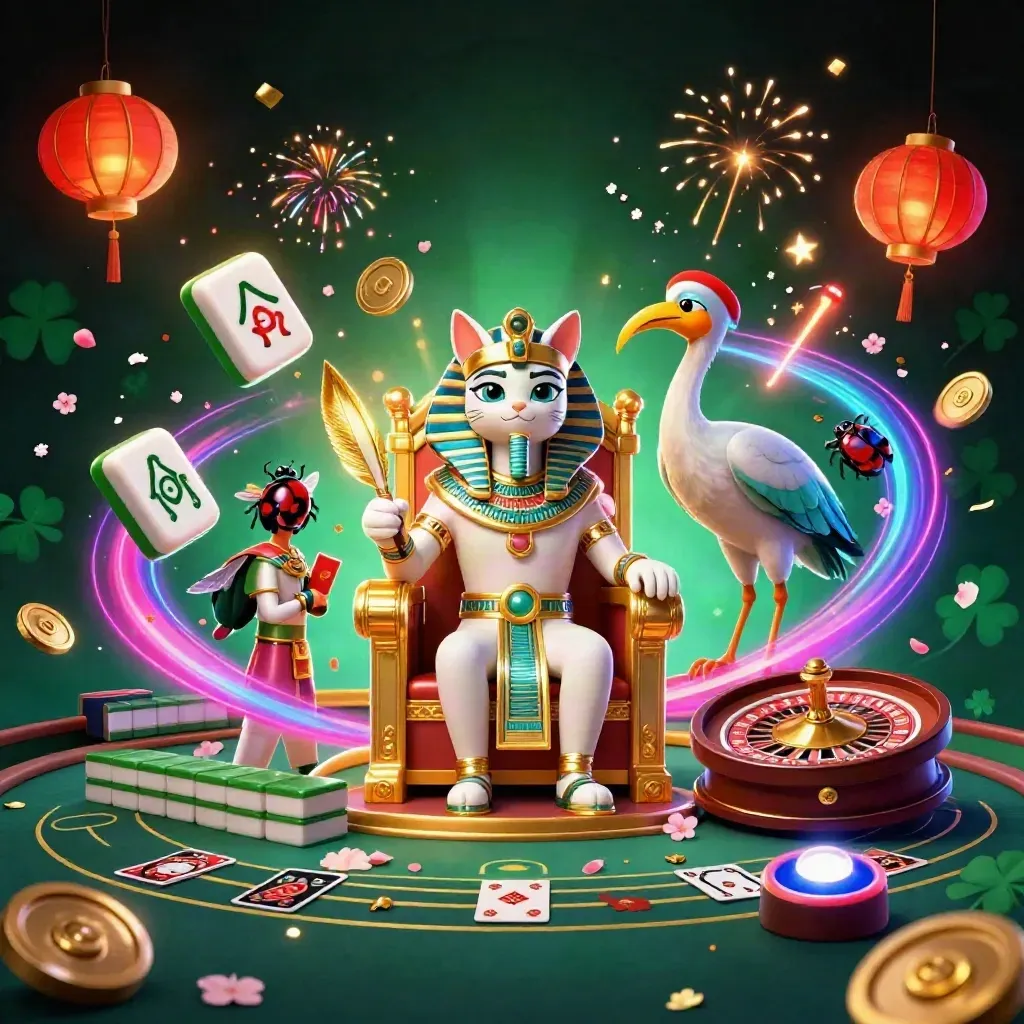 Pharaohkatt på tron med ibis och skalbaggar i glittrig casinomiljö.