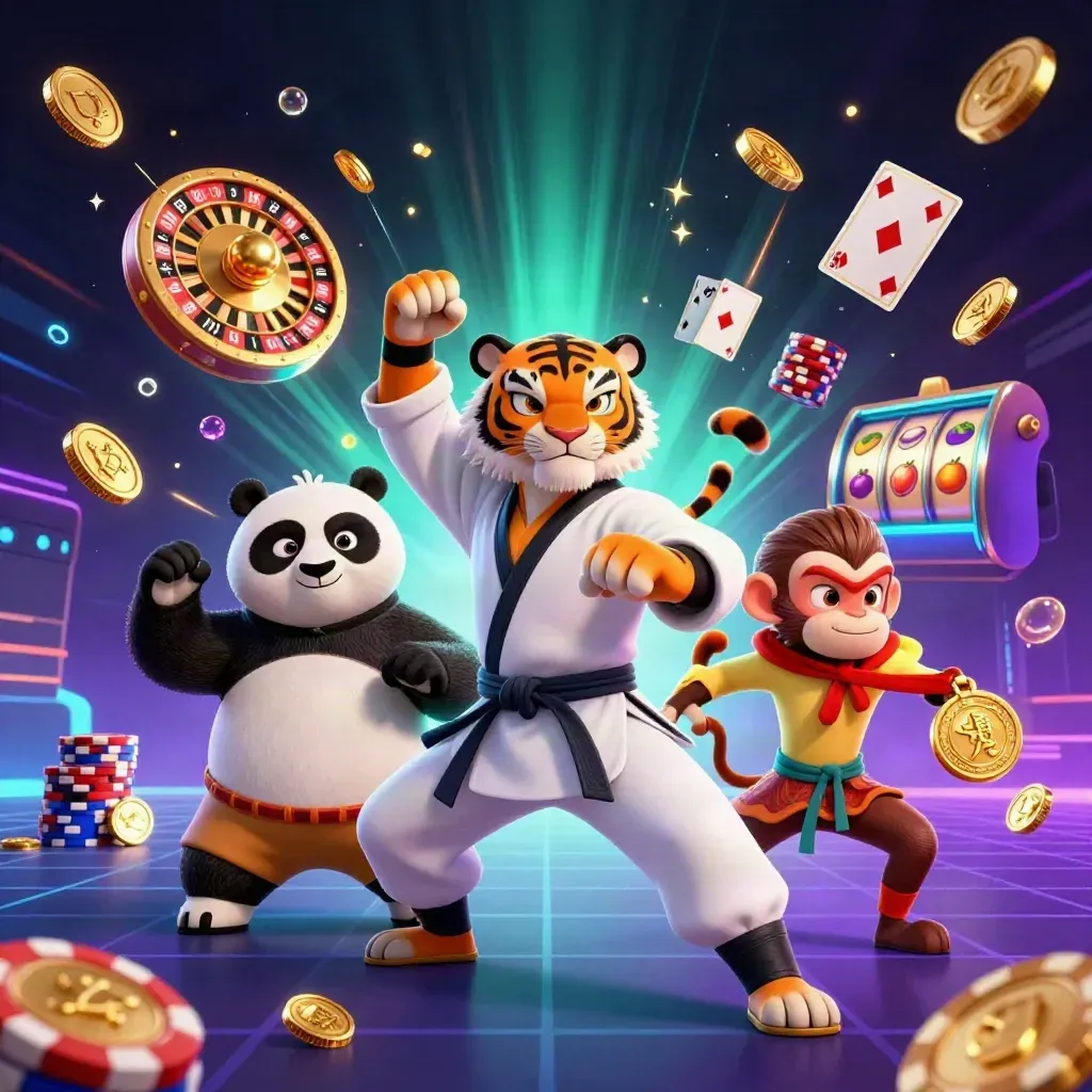 Tiger, panda och apa i kung-fu med mynt, juveler och casinoeffekter i neon