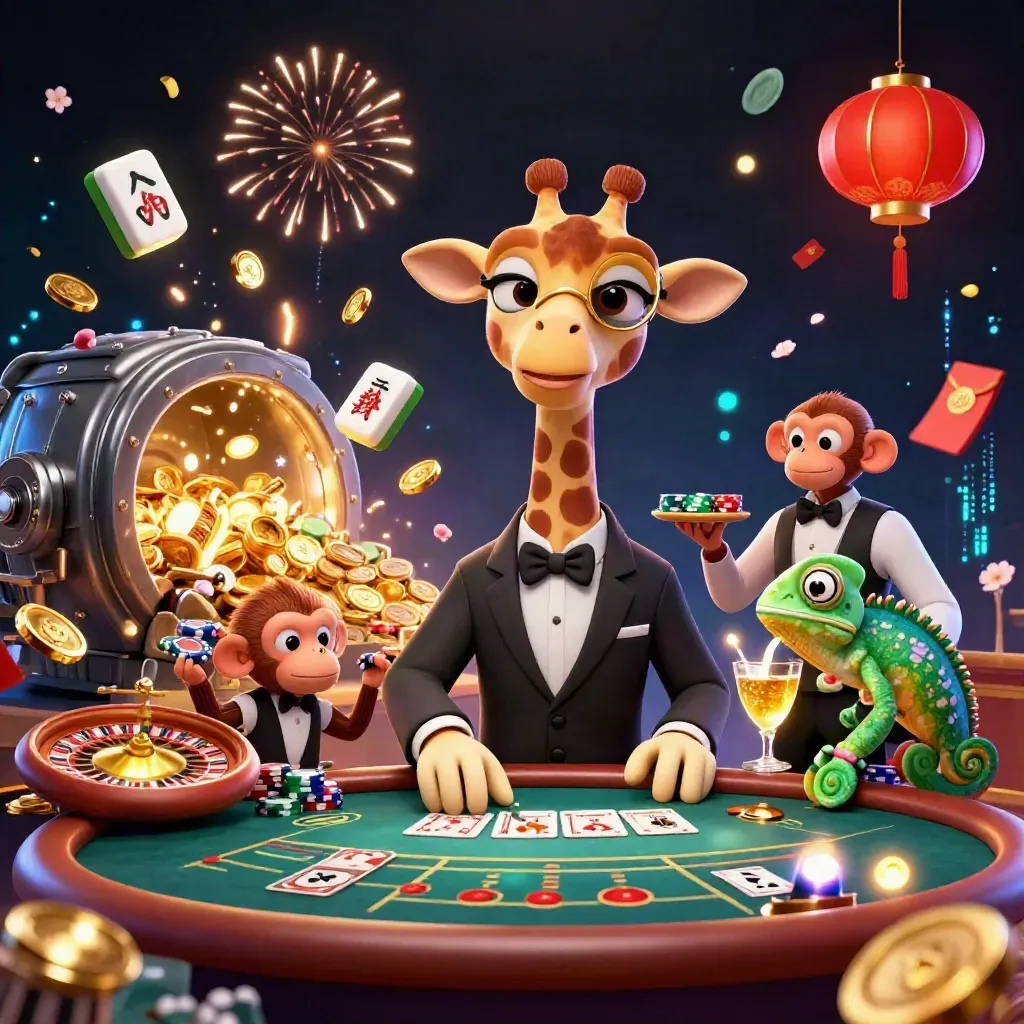 Giraff, apa och kameleont i neonig casinomagi med guld, mynt och fyrverkerier