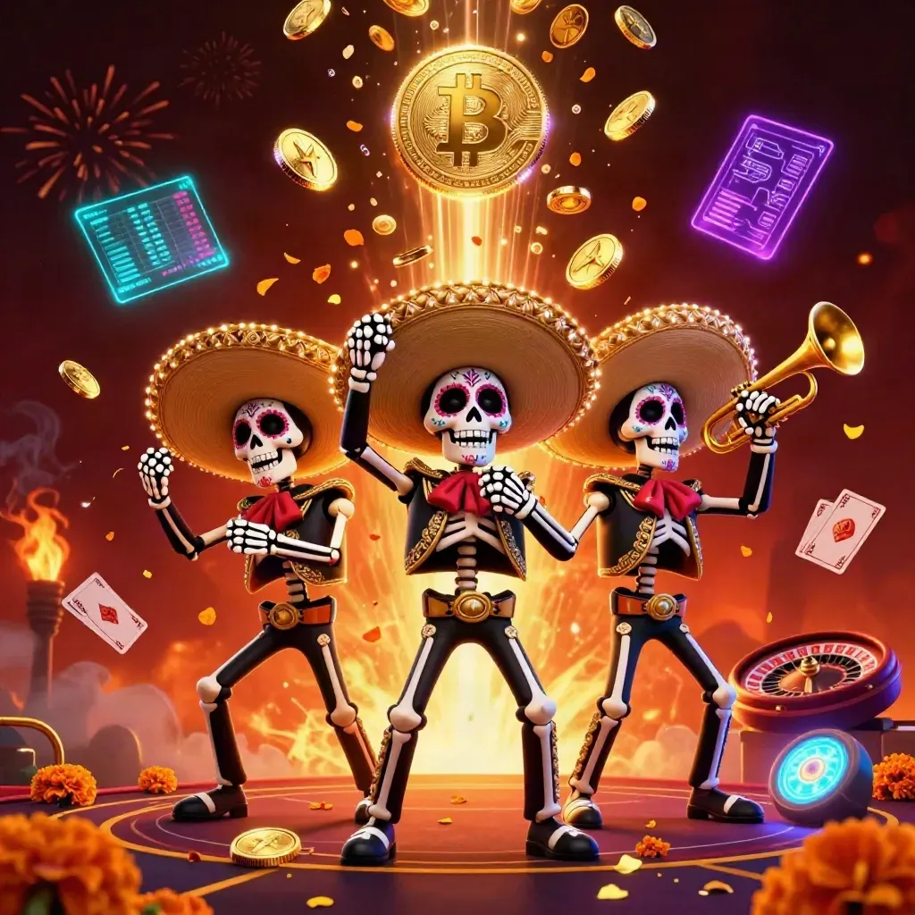 Tre skelettmariachis med guldsombreros, mynt, roulette och eldiga effekter i lyxig casinostil