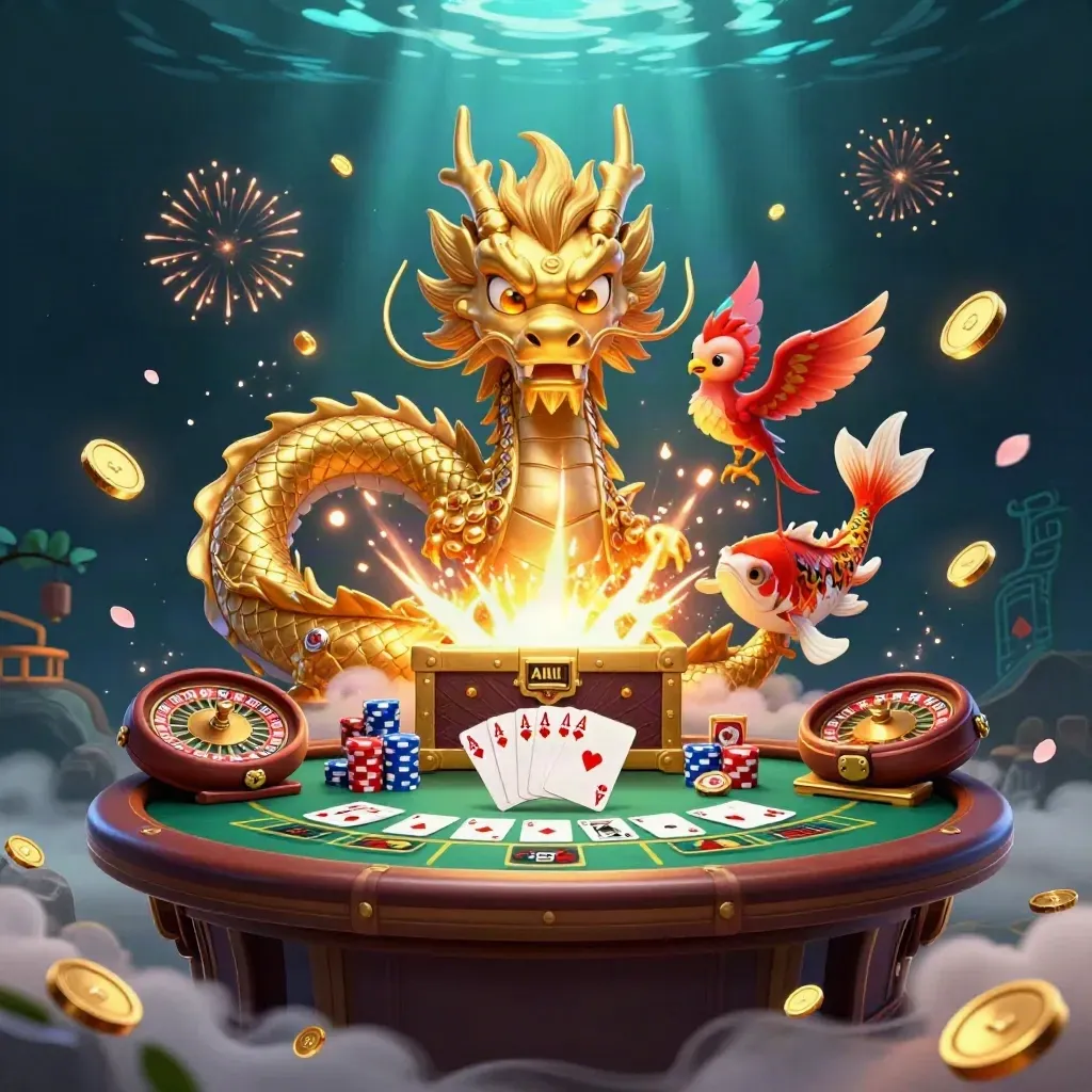 Gyllene drake med skattkista, fenix, koi och spelbord i neonfärgad casinostämning