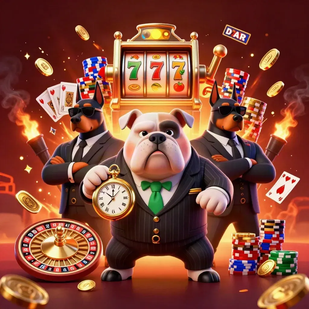 Maffig maffiabulldogg med två vakthundar, mynt, roulette och kort i neoncasino-stil.