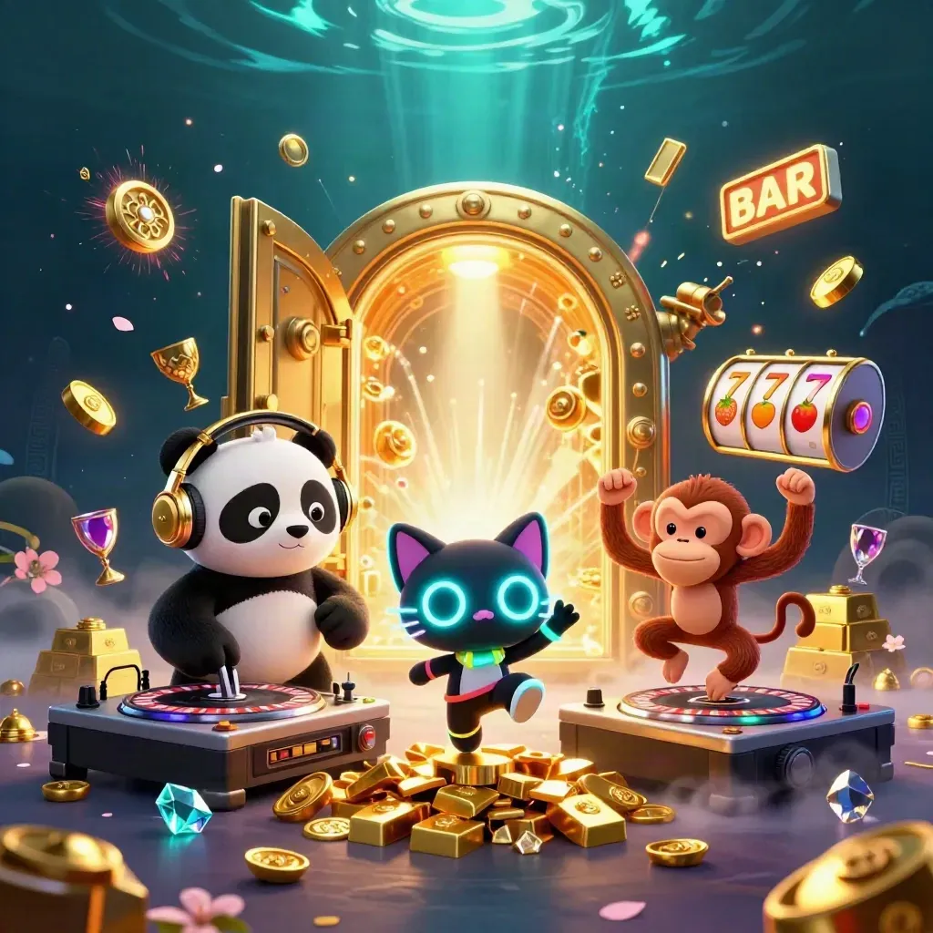 DJ-panda, apa och katt festar bland guld, juveler och en öppen skattkista.