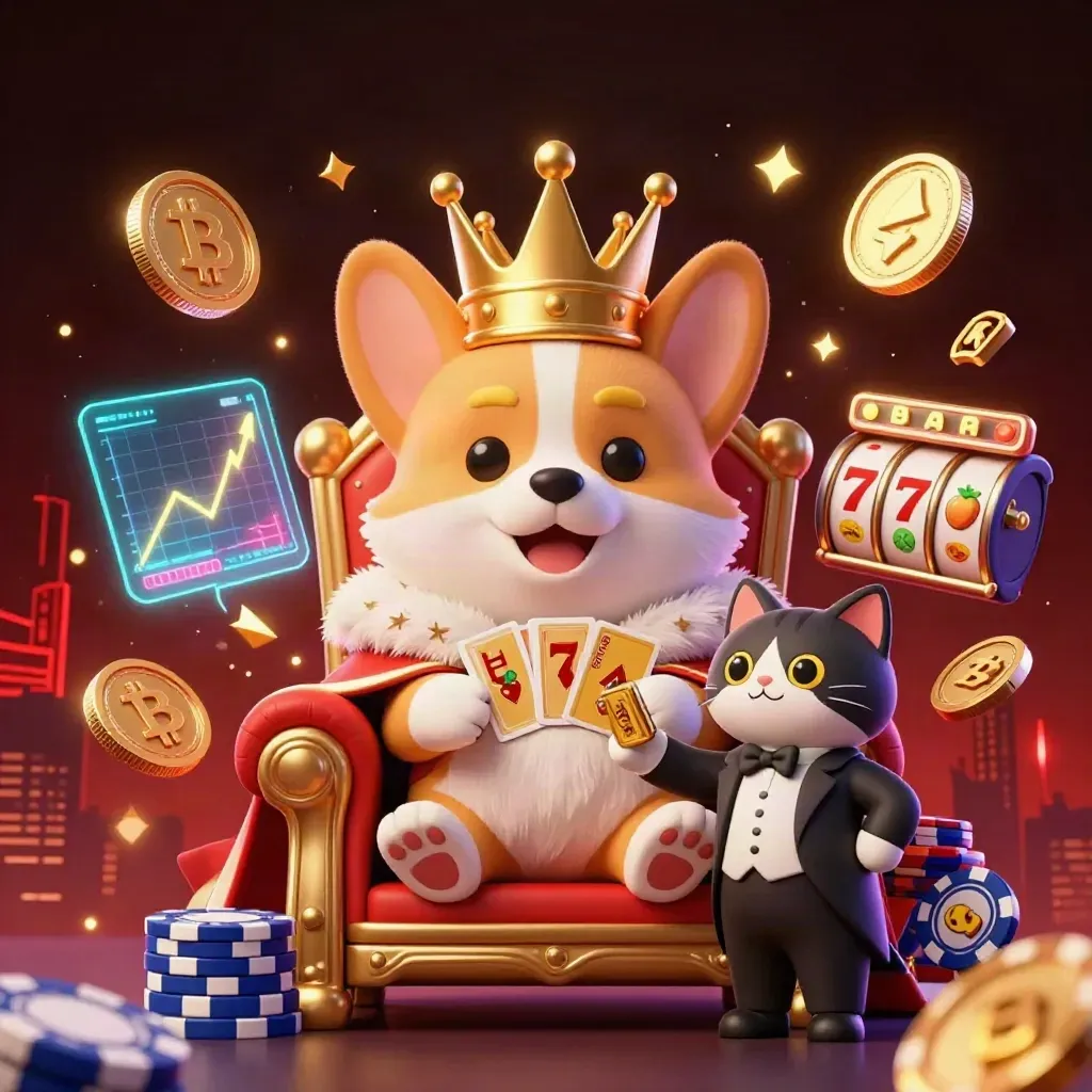 Royal corgi på pokertorn med kattbutler, mynt, blixtar och neoncasino.
