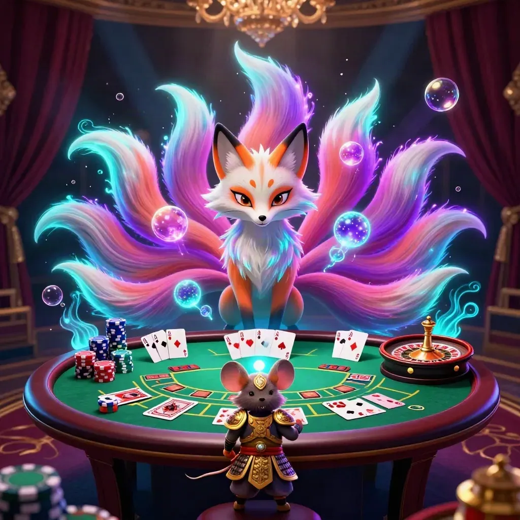 Nio svansar och en samurajmus i guld omgivna av pokerchips, kort och neonljus