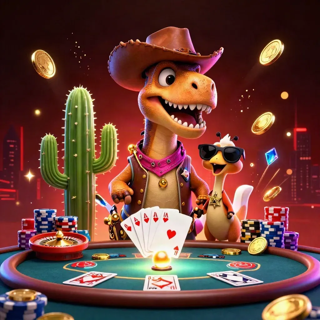 T-rex-cowboy med kaktus och road runner bland mynt, kort och snurrande roulettehjul.