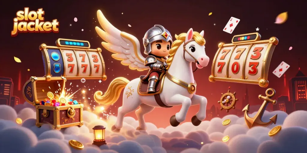 Experience the thrill of the slot jackpot with a magical knight and celestial horse in a vibrant casino scene.