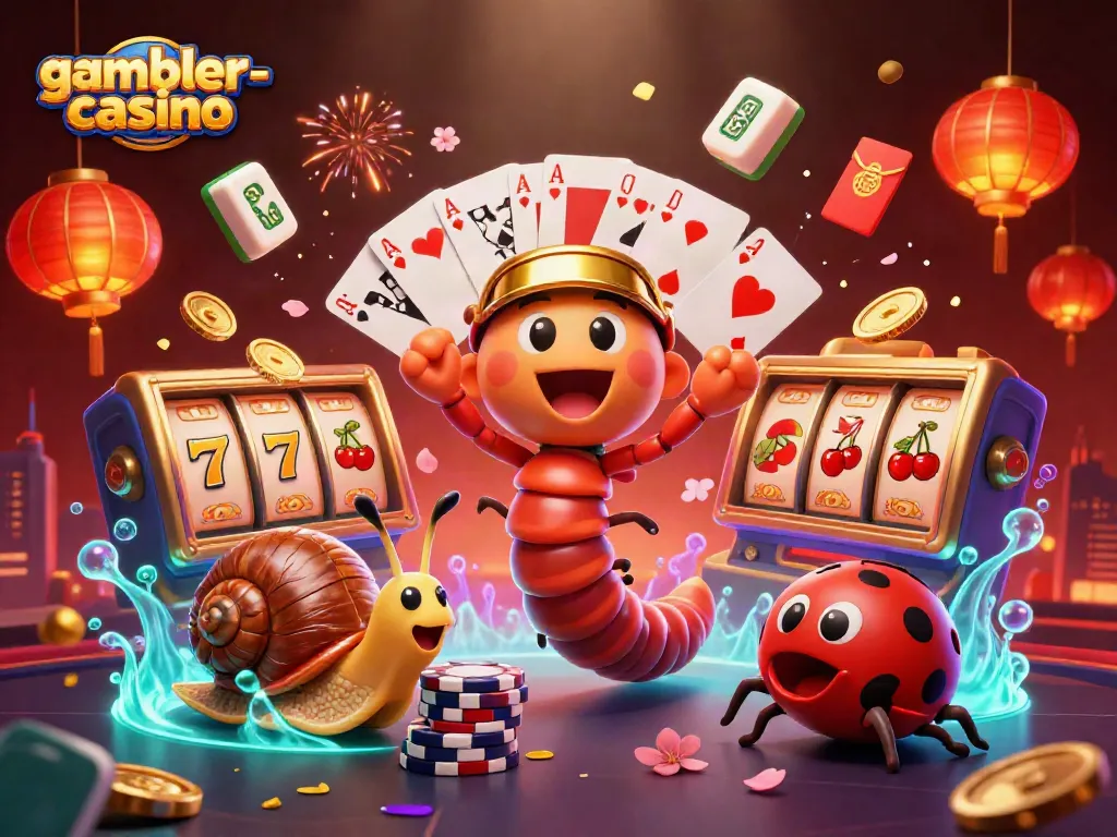 Spela hos gambler-casino med en unik scen av en milipede dealer, snigel och pillerbugg i en färgglad kasinovärld.