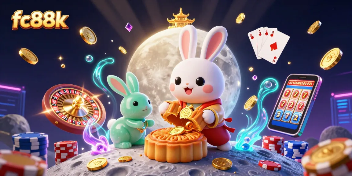 Experience thrilling gaming at fc88k with moon rabbits revealing poker chips amidst a vibrant casino scene.