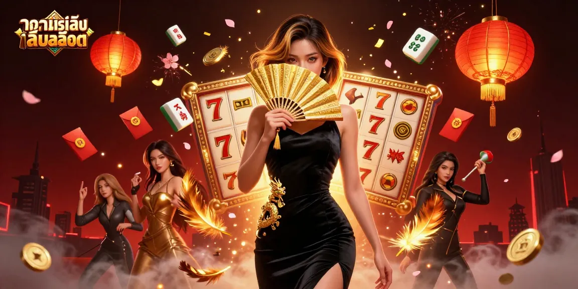 ทดลองเล่นสล็อต with vibrant slot symbols and a captivating Asian woman in a velvet dress, surrounded by golden elements.