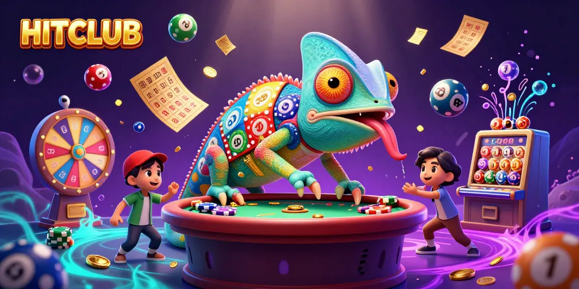 HITCLUB showcases an energetic casino scene with a colorful chameleon and dynamic lottery elements.