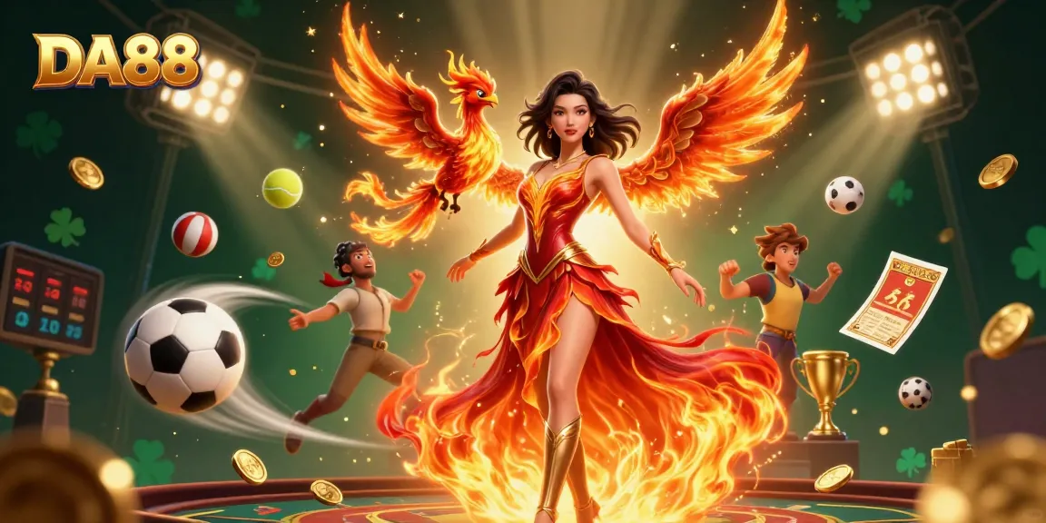 Experience the excitement of DA88 with dynamic sports elements and captivating characters in this casino-themed artwork.