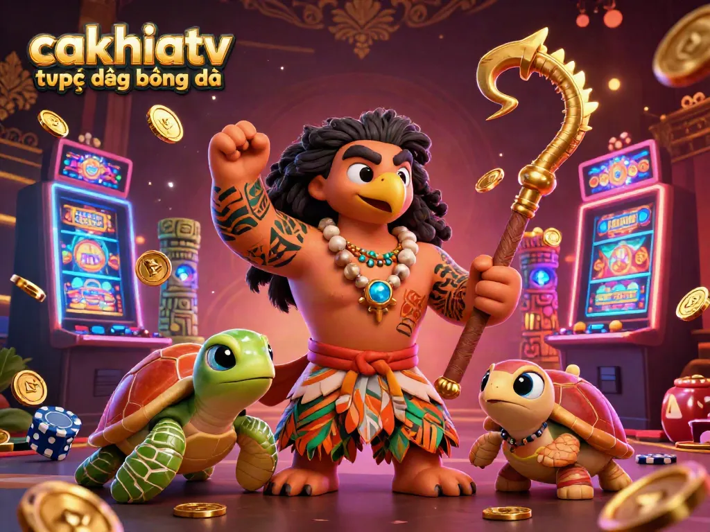 Cakhiatv trực tiếp bóng đá lively scene featuring vibrant slot machines and a Hawaiian demigod character