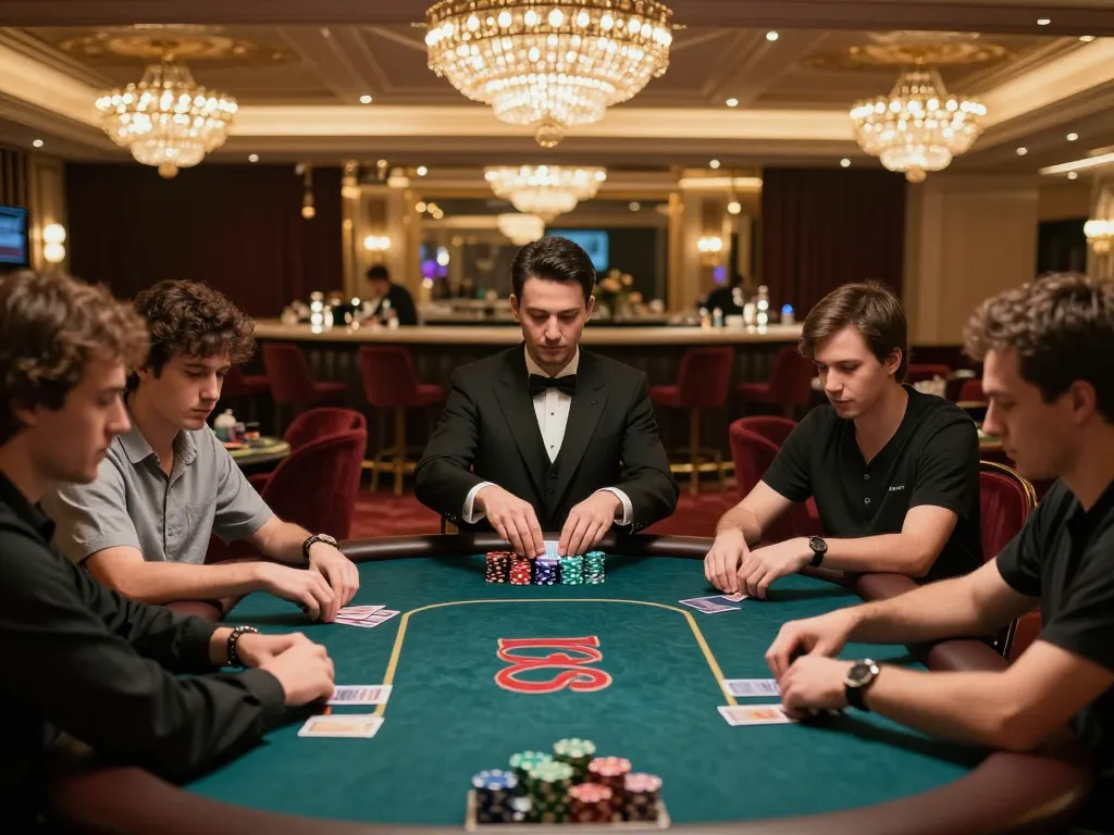 Players strategizing their moves at RED88's exclusive poker table in luxurious ambiance