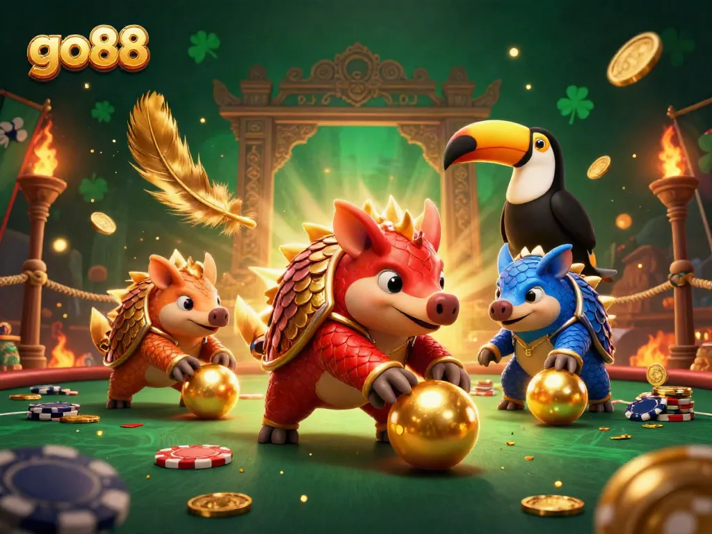 Experience excitement with go88's vibrant gaming scene, featuring animated pangolins and casino elements.