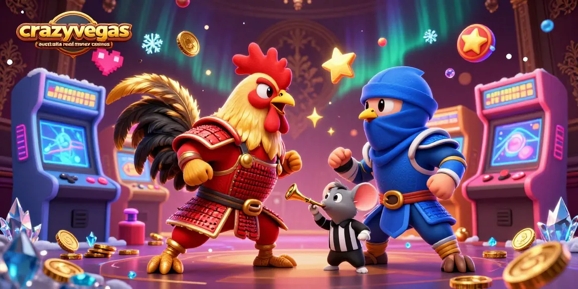 Engage with crazyvegas australia real money casinos featuring vibrant 3D cartoon duel of roosters amid dynamic gaming elements.