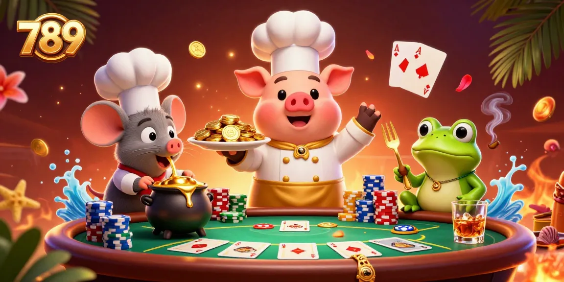 Experience the thrill of 789 with a vibrant casino scene featuring golden coins and poker elements.