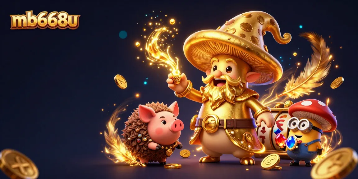 Experience the magic of mb668u with an enchanting casino adventure featuring a golden wizard and treasure-hunting characters.